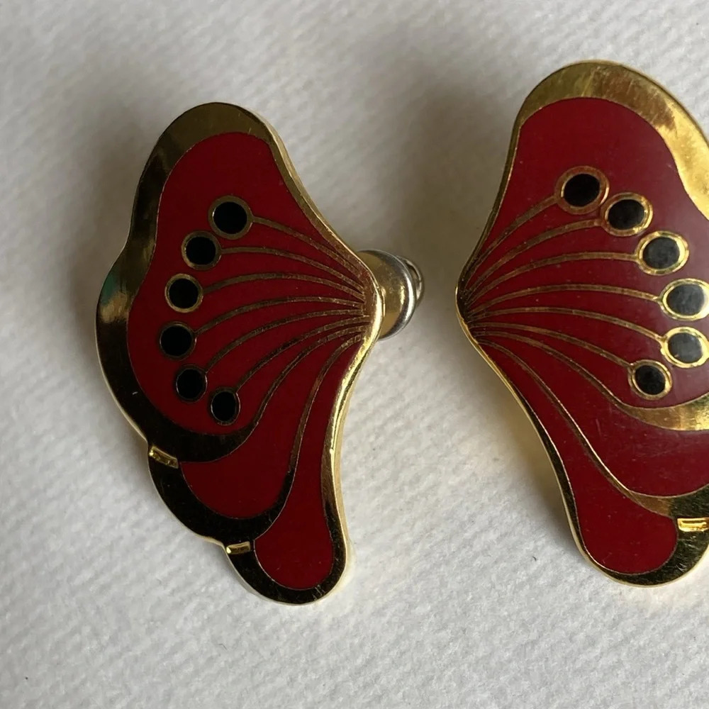 Laurel Burch LE FLEUR Studs Deep Red Black and Gold Tone - Picture 5 of 11